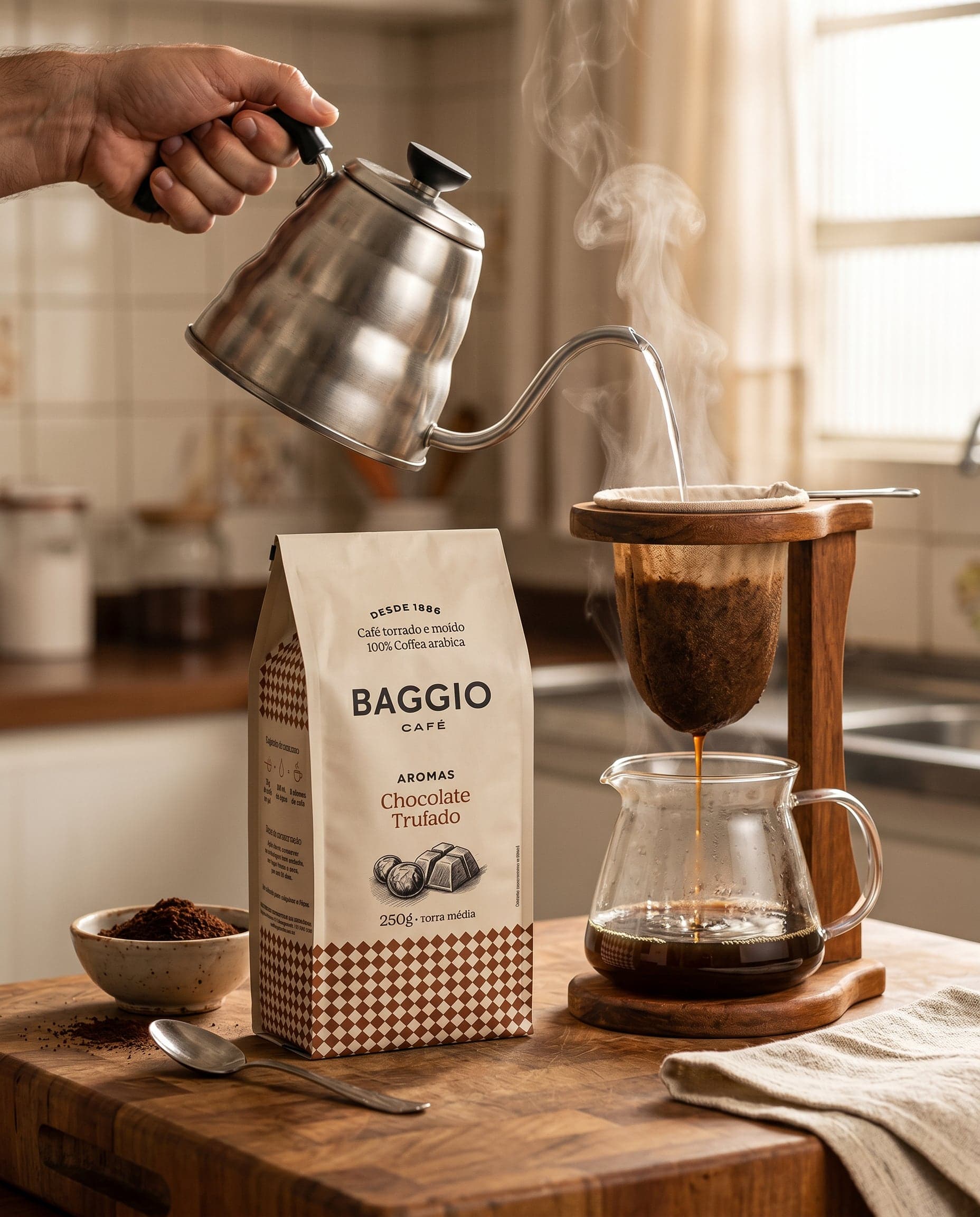 Baggio Café Aromas Chocolate Trufado bag in warm editorial light.